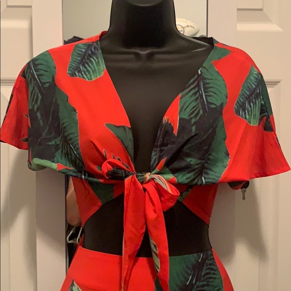Red Tropical Two Piece Short Set - Picture 2 of 4